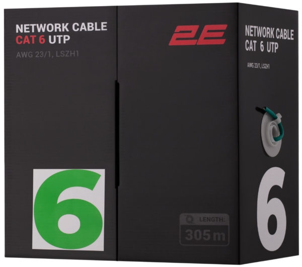 Кабель «витая пара» 2E CAT 6, U-UTP, 305м, AWG 23/1, LSZH-1, зеленый