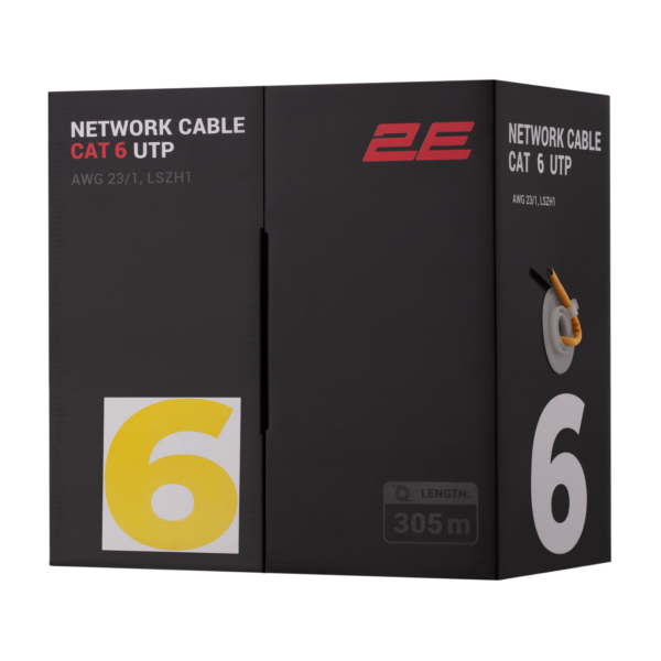 Кабель «витая пара» 2E CAT 6, U-UTP, 305м, AWG 23/1, LSZH-1, желтый