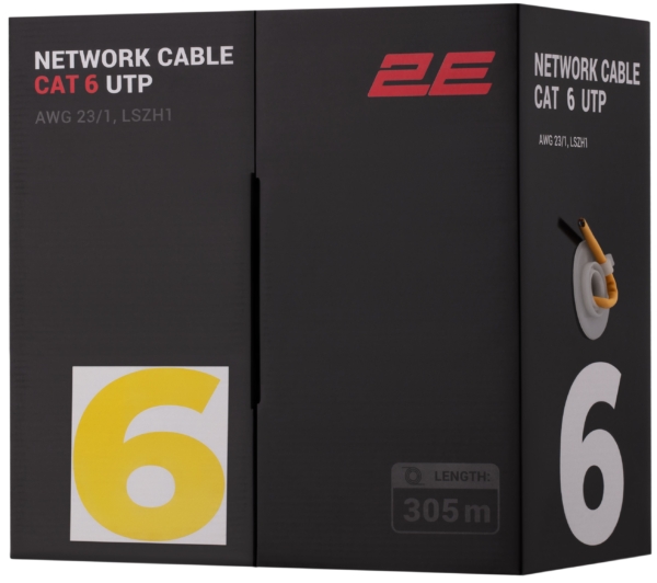 Кабель «витая пара» 2E CAT 6, U-UTP, 305м, AWG 23/1, LSZH-1, желтый