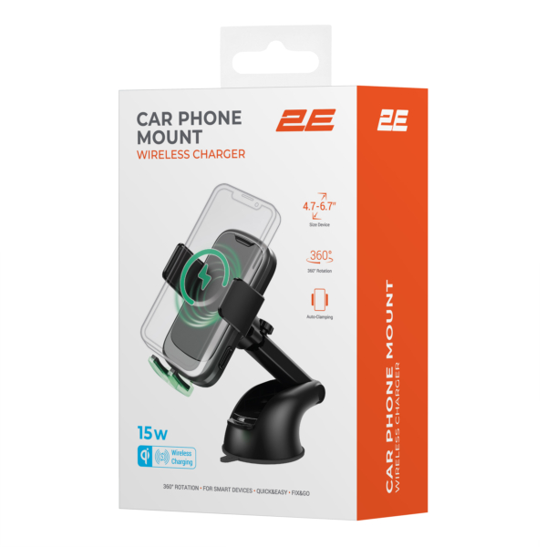 Автомобільний тримач смартфона 2Е автоматичний/бездротова зарядка 4.7-7″, чорний