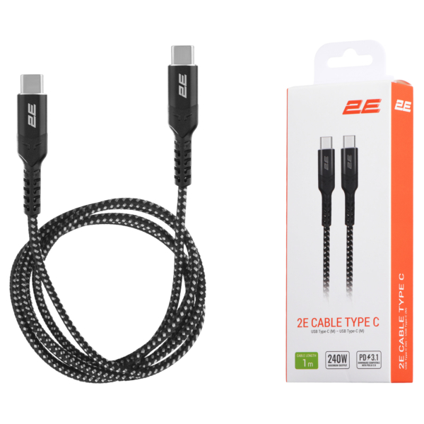 2E Сable USB-C > USB-C charge/data, 1m, 240W Type-C, Aluminum Shell, black