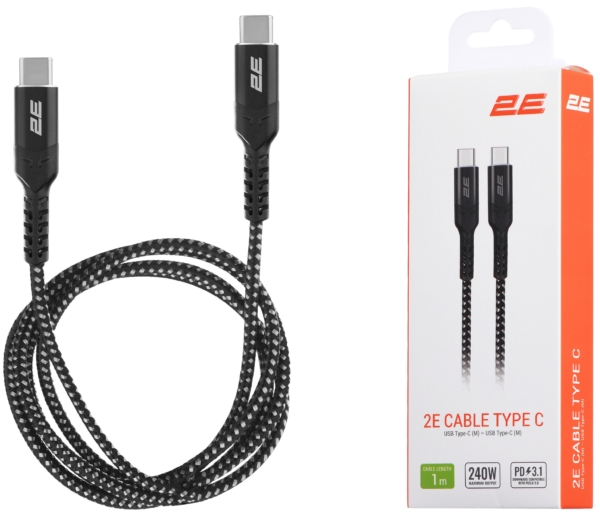 Кабель USB-C > USB-C зарядки/синхронизации 2E 1м, 240Вт Type-C, плетеный, черный