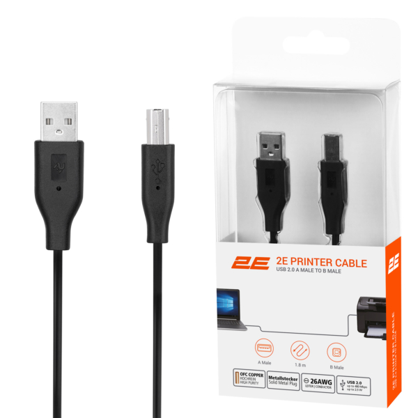 2E Cable USB 2.0 (AM/BM) DSTP, 1.8m, black