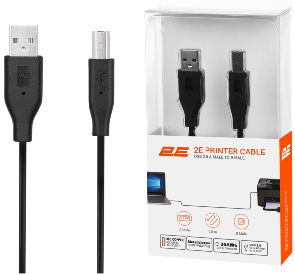 2E Cable USB 2.0 (AM/BM) DSTP, 1.8m, black