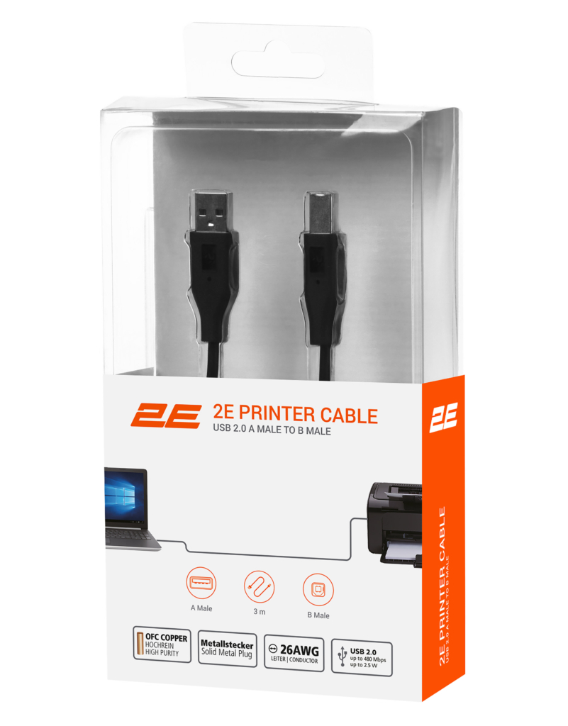 2E Кабель USB-A > USB-B синхронізації 3м, чорний