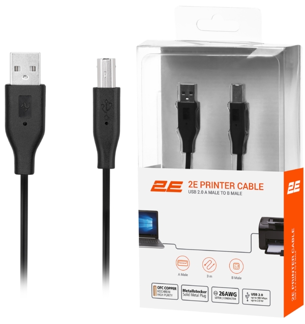 2E Cable USB 2.0 (AM/BM) DSTP 3m Black