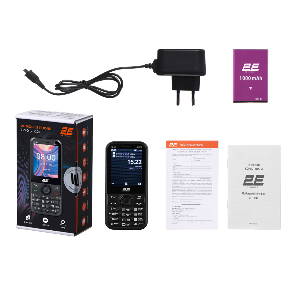 Мобільний телефон 2E E240 2022 2.4″ 2SIM, 1000мА•год, чорний