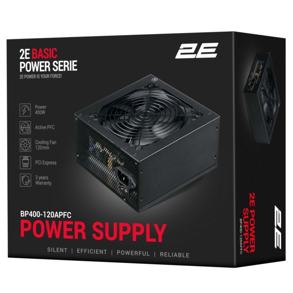 Блок живлення 2E Basic Power  (400W), 80%, 120мм, 1xMB 24pin(20+4), 1xCPU 8pin(4+4), 3xMolex, 4xSATA, 1xPCIe 8pin(6+2)