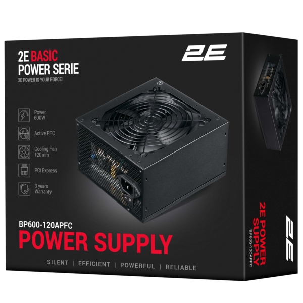 2E PSU Basic Power  (600W), 80%, 120mm, 1xMB 24pin(20+4), 1xCPU 8pin(4+4), 3xMolex, 4xSATA, 2xPCIe 8pin(6+2)