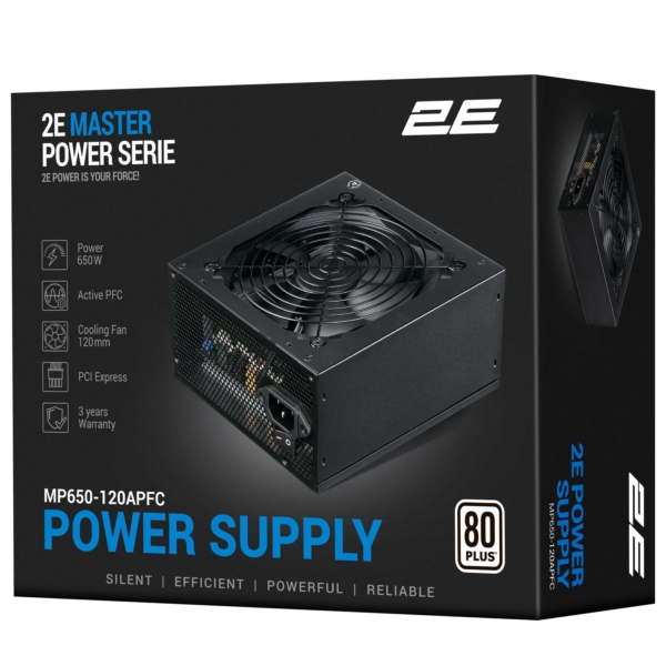 Блок питания 2E Master Power  (650W), >80%, 80+ White, 120мм, 1xMB 24pin(20+4), 1xCPU 8pin(4+4), 3xMolex, 5xSATA, 2xPCIe 8pin(6+2)