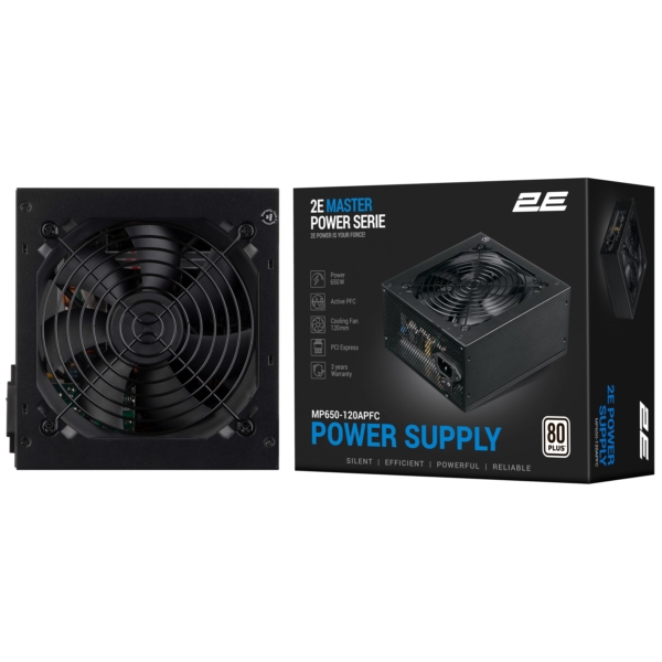 Блок питания 2E Master Power  (650W), >80%, 80+ White, 120мм, 1xMB 24pin(20+4), 1xCPU 8pin(4+4), 3xMolex, 5xSATA, 2xPCIe 8pin(6+2)