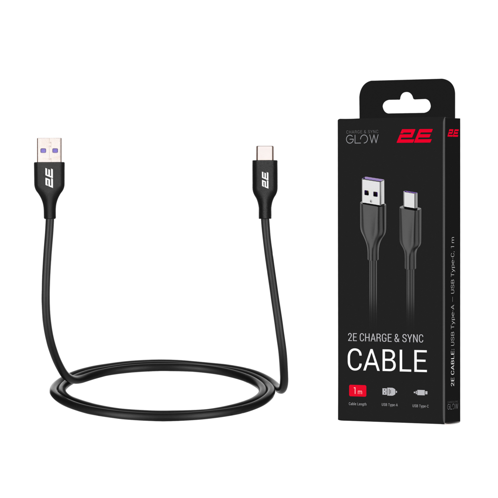 Кабель USB-A > USB-C зарядки/синхронизации 2E, 1м, Type-C, Glow, черный