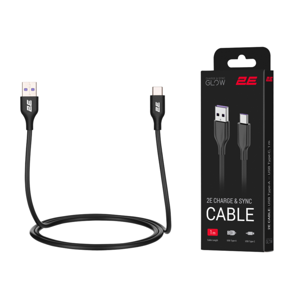 Кабель USB-A > USB-C зарядки/синхронизации 2E, 1м, Type-C, Glow, черный