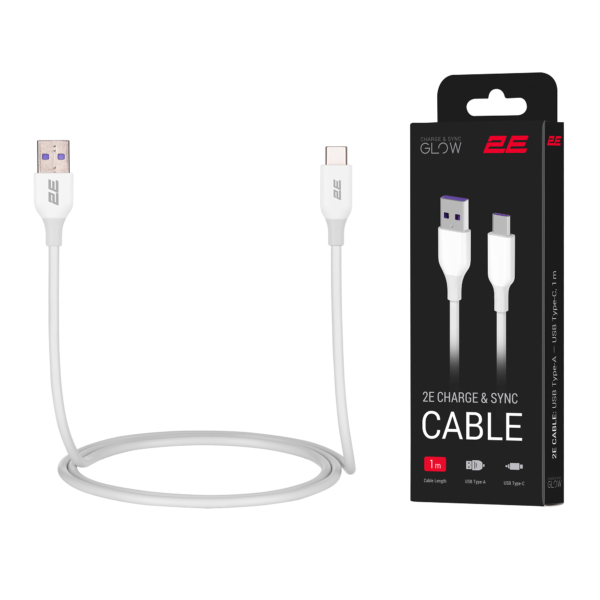 Кабель USB-A > USB-C заряджання/синхронізації 2E 1м, Type-C, Glow, білий