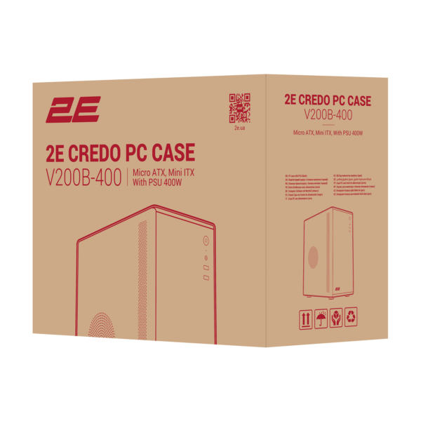 Корпус 2E Credo V200B-400 з БЖ 2E ATX400, 2xUSB3.0, 1×80мм, VGA 250мм, mATX, чорний