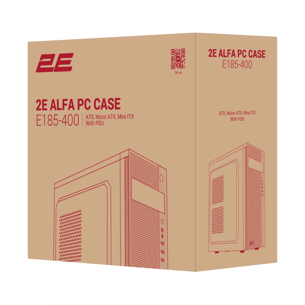 2E PC case Alfa E185-400 with PSU 2E ATX400W, 1xUSB3.0, 2xUSB2.0, VGA 310mm, ATX, black
