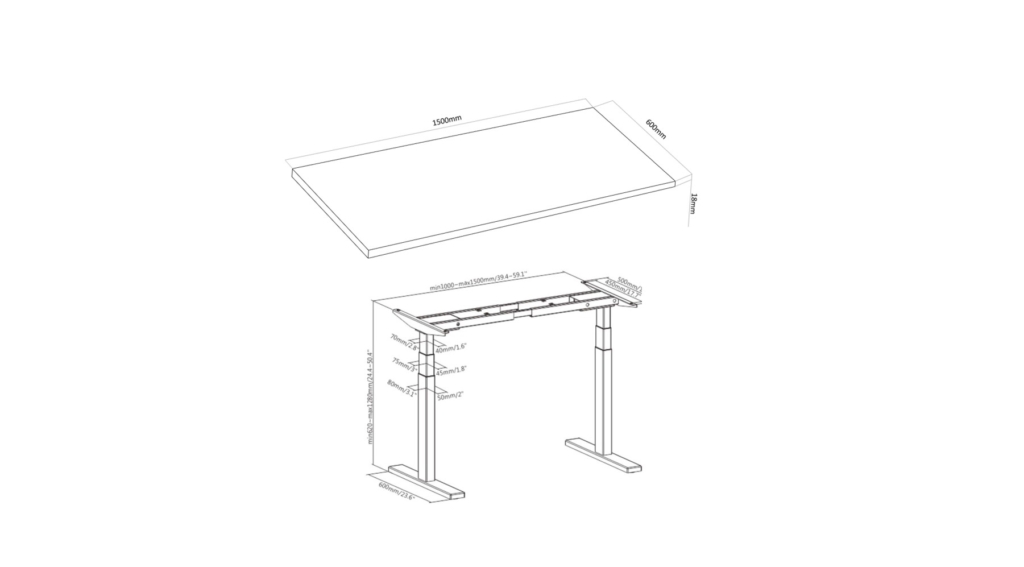 2E Computer table CE150B-MOTORIZED, height adjustment, electric motor 220V, 62/128×150х75cm, black