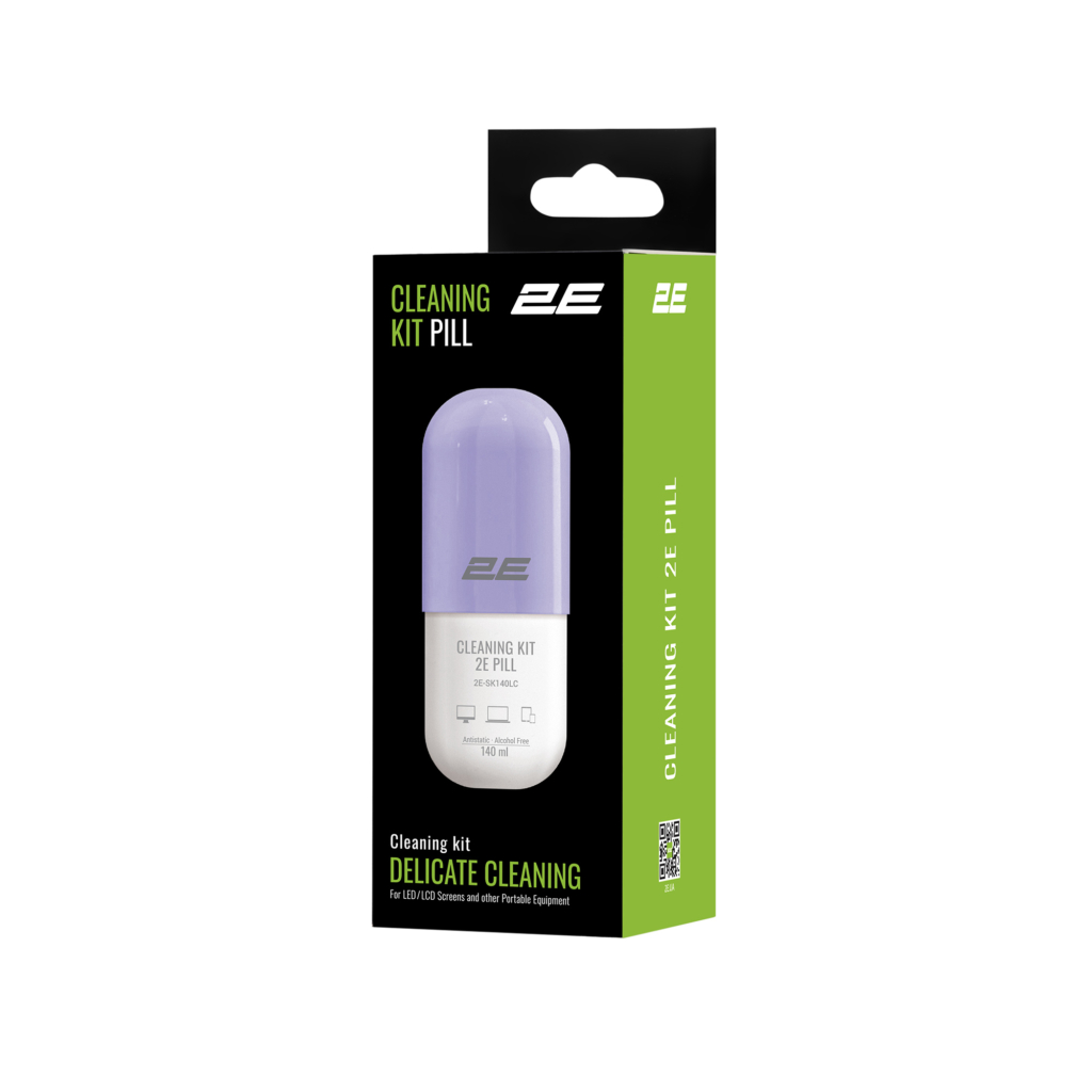 Cleaning kit 2E PILL for office equipment (liquid 140ml, whipe 20cm), white-lilac