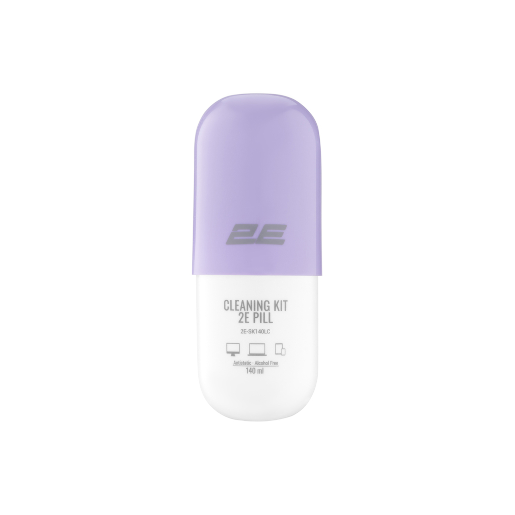 Cleaning kit 2E PILL for office equipment (liquid 140ml, whipe 20cm), white-lilac