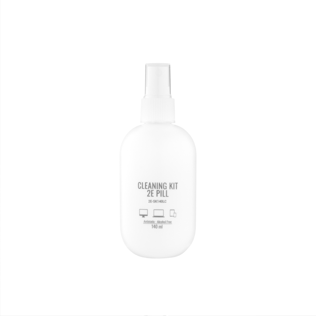 Cleaning kit 2E PILL for office equipment (liquid 140ml, whipe 20cm), white-lilac
