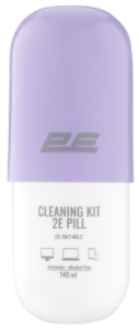 Cleaning kit 2E PILL for office equipment (liquid 140ml, whipe 20cm), white-lilac