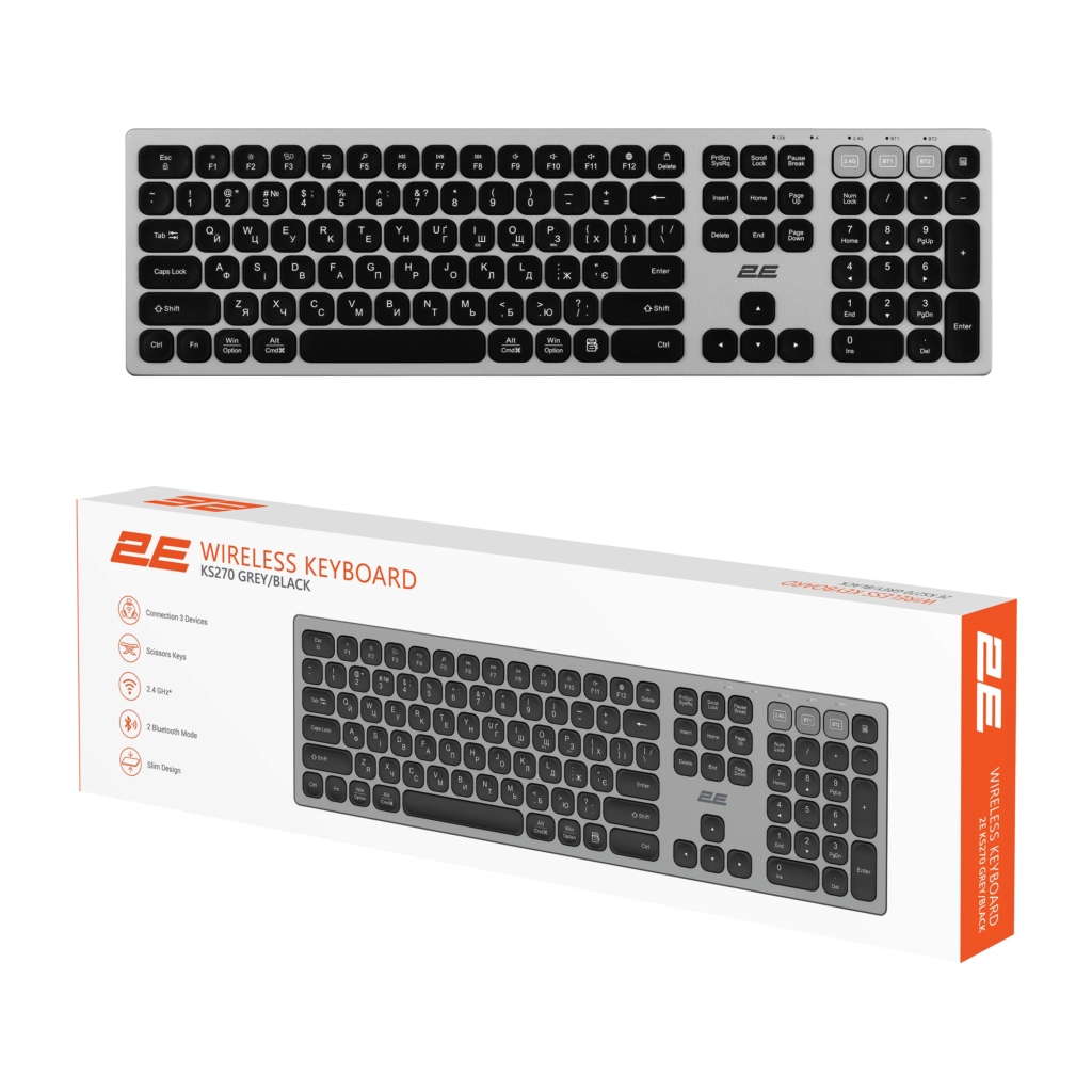 Клавіатура ножнична 2E KS270 109key, WL/BT, EN/UK, сіро-чорний