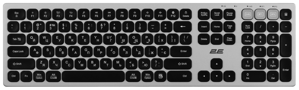 Клавіатура ножнична 2E KS270 109key, WL/BT, EN/UK, сіро-чорний