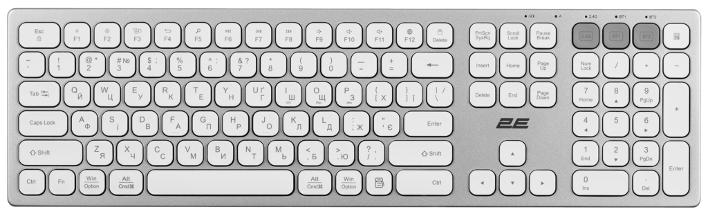 Клавиатура ножничная 2E KS270 109key, WL/BT, EN/UK, серебристо-белый