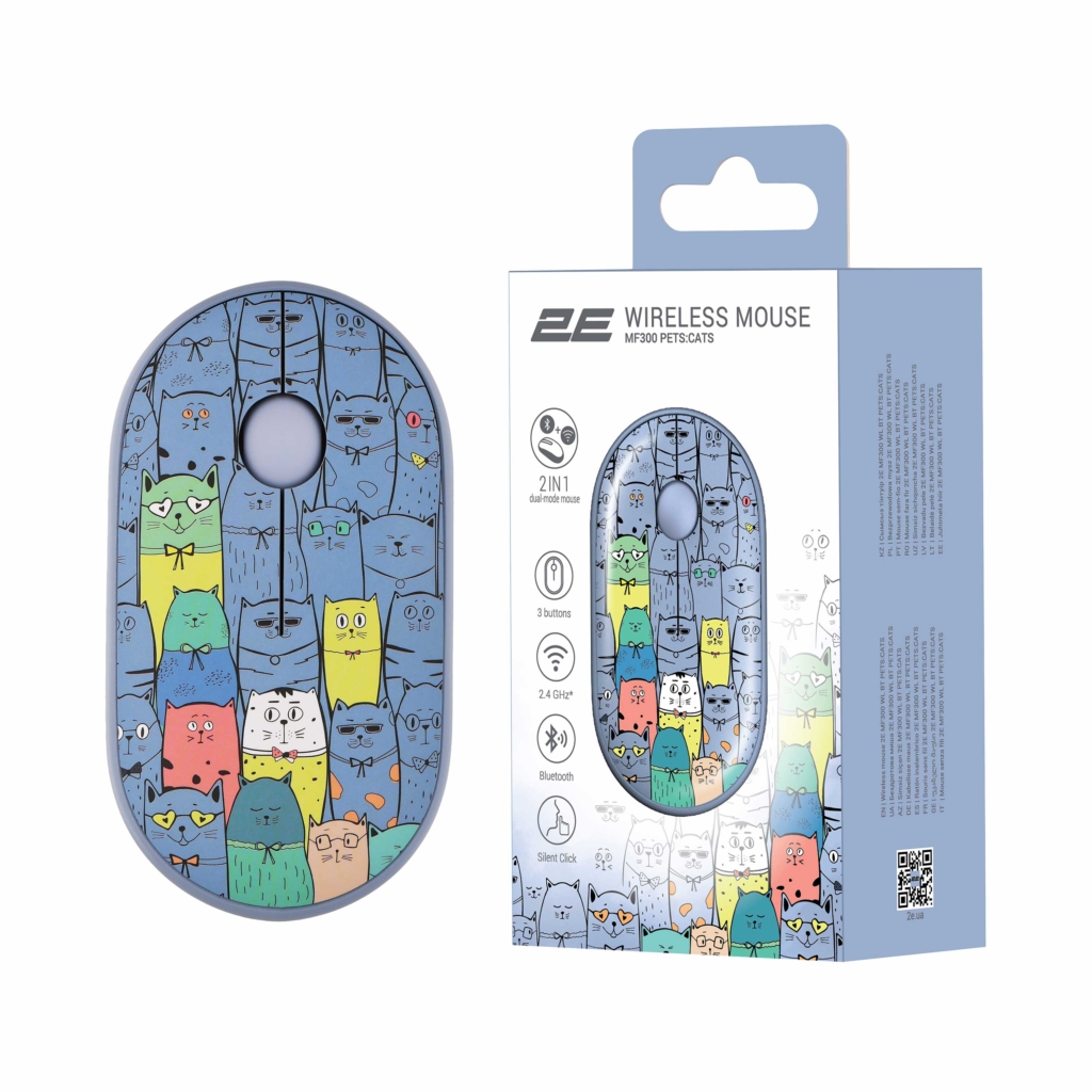 Мышь 2E MF300 PETS:CATS Silent WL BT, синий
