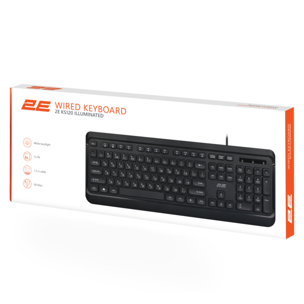 Клавиатура мембранная 2E KS120 104key, USB-A, EN/UK, White LED, чёрный