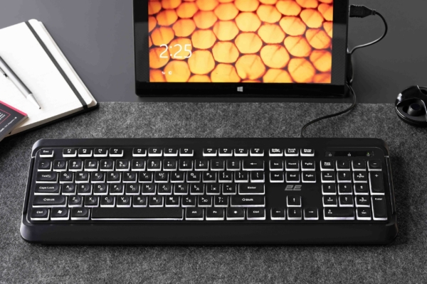 Клавиатура мембранная 2E KS120 104key, USB-A, EN/UK, White LED, чёрный