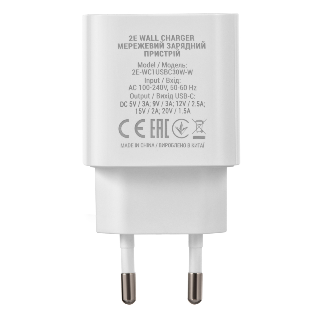 Зарядное устройство сетевое 2E 30Вт USB-C PD, белый