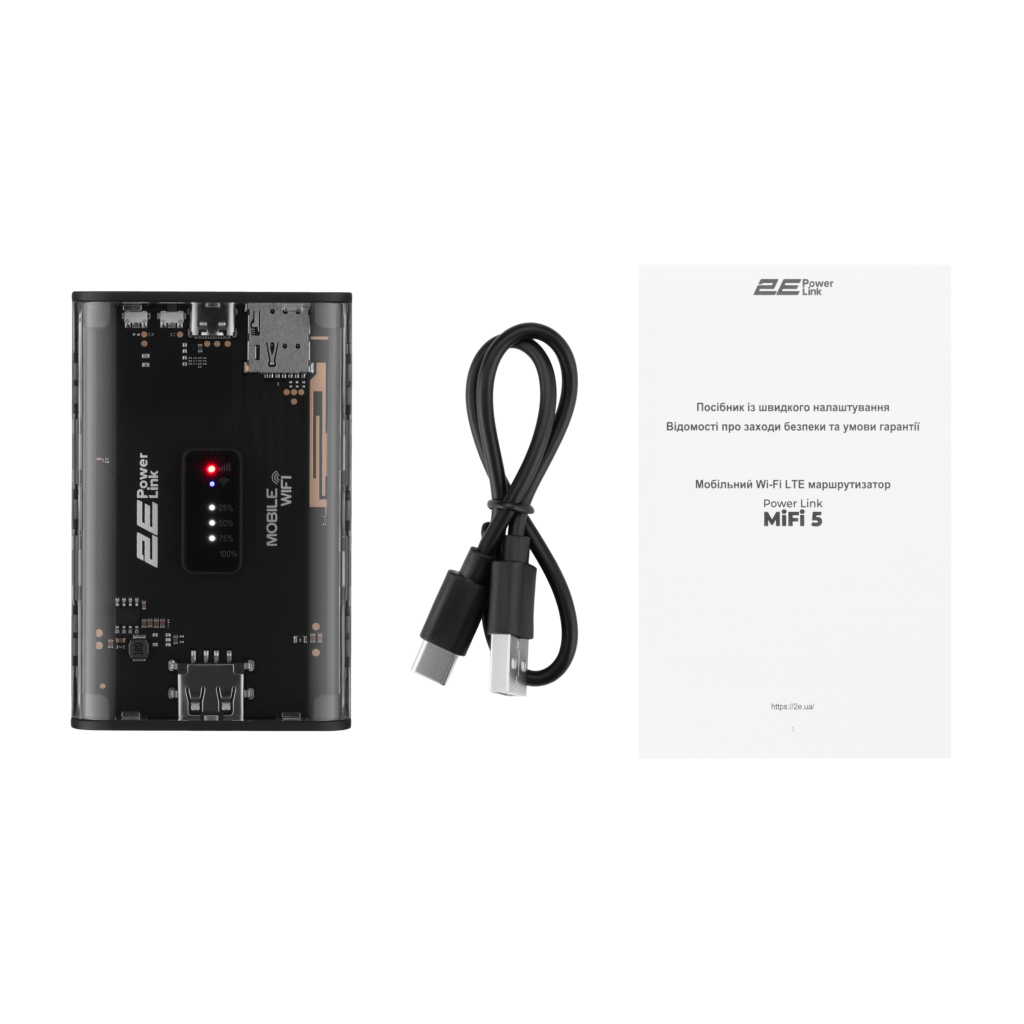 Мобильный маршрутизатор 2E PowerLink (MiFi-5) LTE, Wi-Fi4, 1xUSB, 1xType-C, 5000мА•ч черный