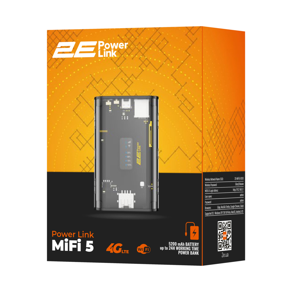Мобильный маршрутизатор 2E PowerLink (MiFi-5) LTE, Wi-Fi4, 1xUSB, 1xType-C, 5000мА•ч черный