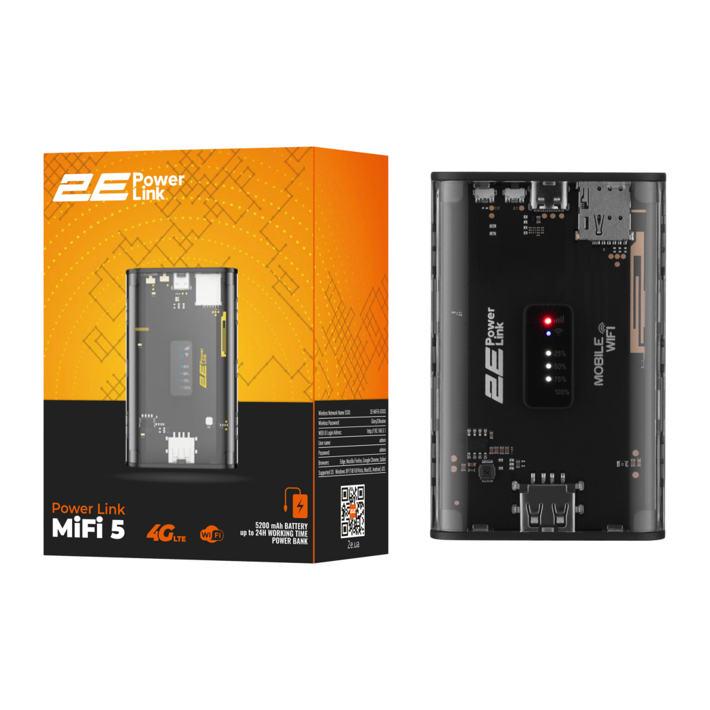 Мобильный маршрутизатор 2E PowerLink (MiFi-5) LTE, Wi-Fi4, 1xUSB, 1xType-C, 5000мА•ч черный