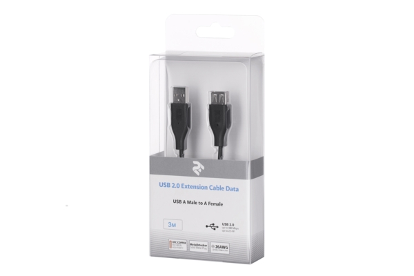 Кабель USB-A > USB-AF заряджання/синхронізації 2E 3м, чорний