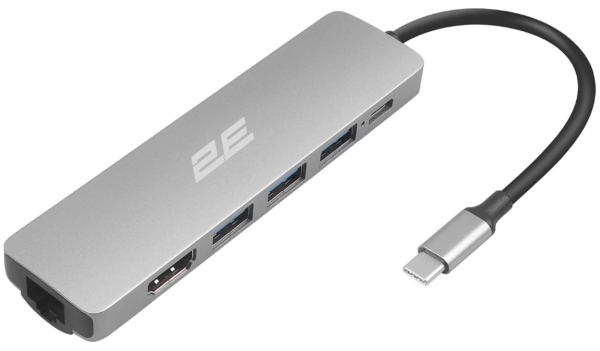 2E Hub USB-С > 2хUSB-A 2.0/USB-A 3.0/USB-C PD/HDMI/Ethernet, 0.15m, silver