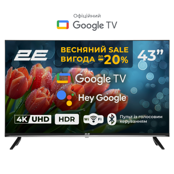 Телевізор 43″ 2E LED 4K 60Hz Smart Google TV Black