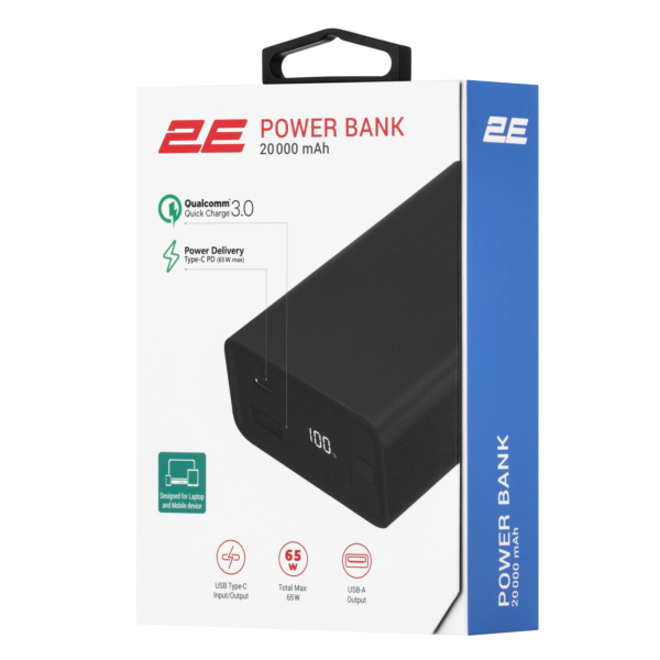Акумулятор портативний літій-іонний Power Bank 2E 20000мА·год, 65Вт, PD, QC, чорний