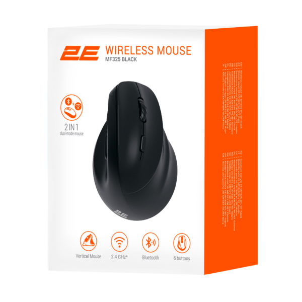 2E Mouse MF325 Silent, WL/BT, vertical, black