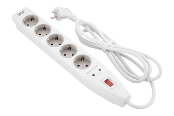 Power strip with surge protector 2E 5xType F, 3×1.5mm2, 16A, 2m, white