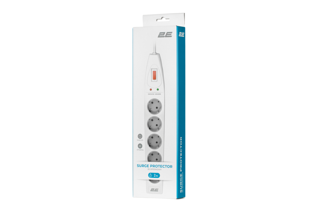 Power strip with surge protector 2E 5xType F, 3×1.5mm2, 16A, 2m, white
