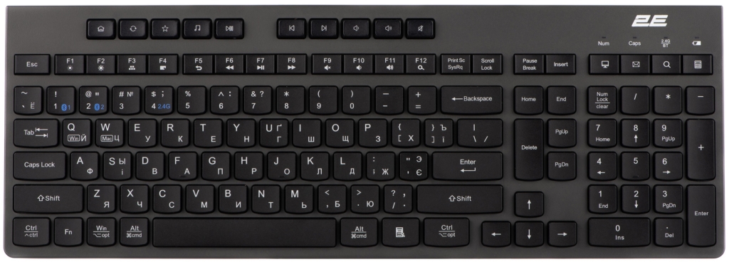Клавиатура мембранная 2E KS280 120key, WL/BT, EN/UK/RU, silent, чёрно-серая