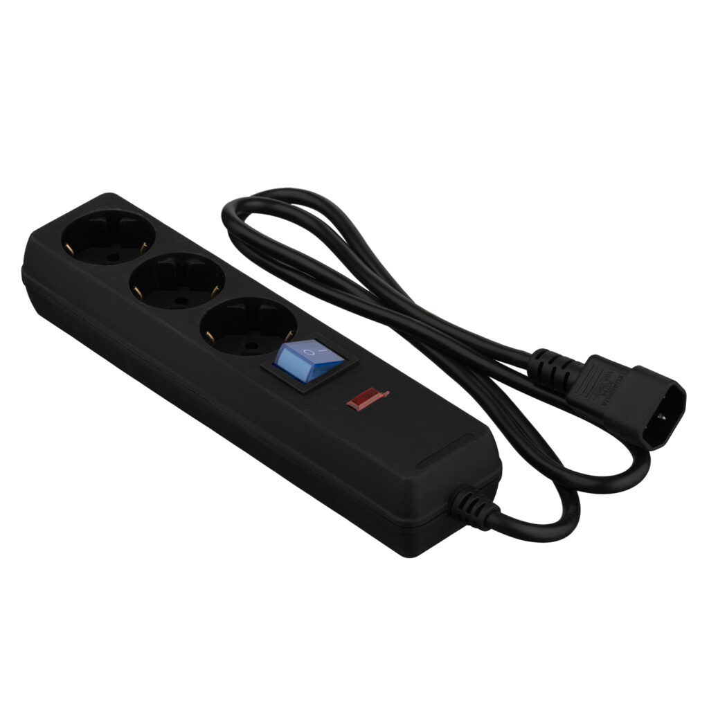 2E power strip 3xType F, 1xC14, 3x1mm sq, 10A, 1m, black