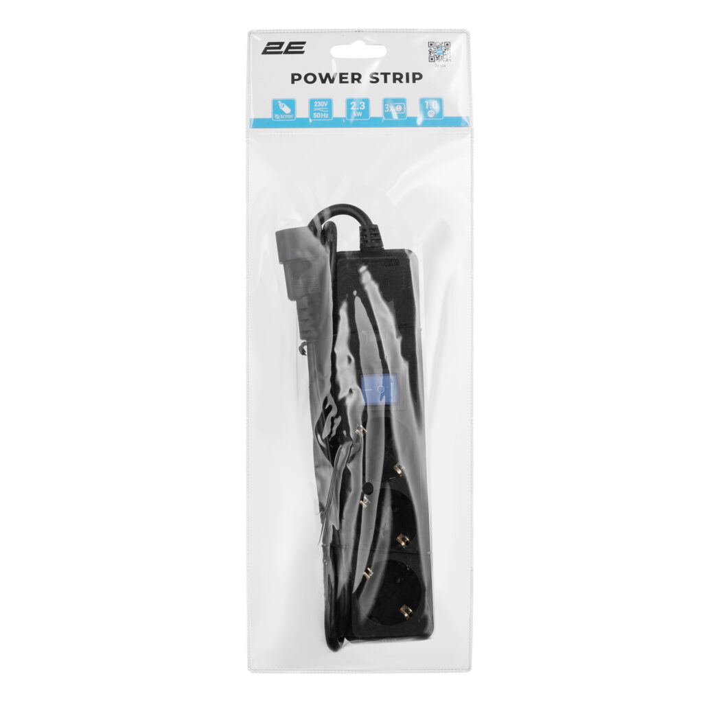 2E power strip 3xType F, 1xC14, 3x1mm sq, 10A, 1m, black