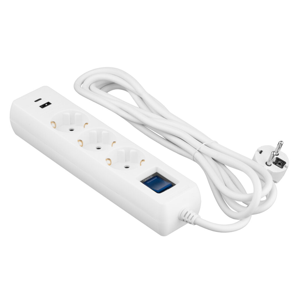 Подовжувач-фільтр мережевий 2E 3xТип F, 3×1.5мм кв, 16A, 1xUSB-A, 1xUSB-C, з захистом від перенапруги, 3м, білий
