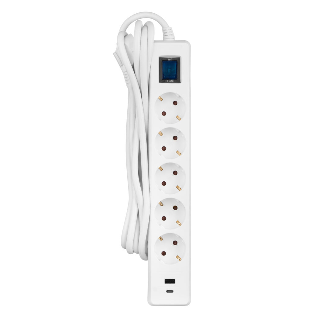 Подовжувач-фільтр мережевий 2E 5xТип F, 3×1.5мм кв, 16A, 1xUSB-A, 1xUSB-C, із захистом від перевантаження, 3м, білий, 3м, білий