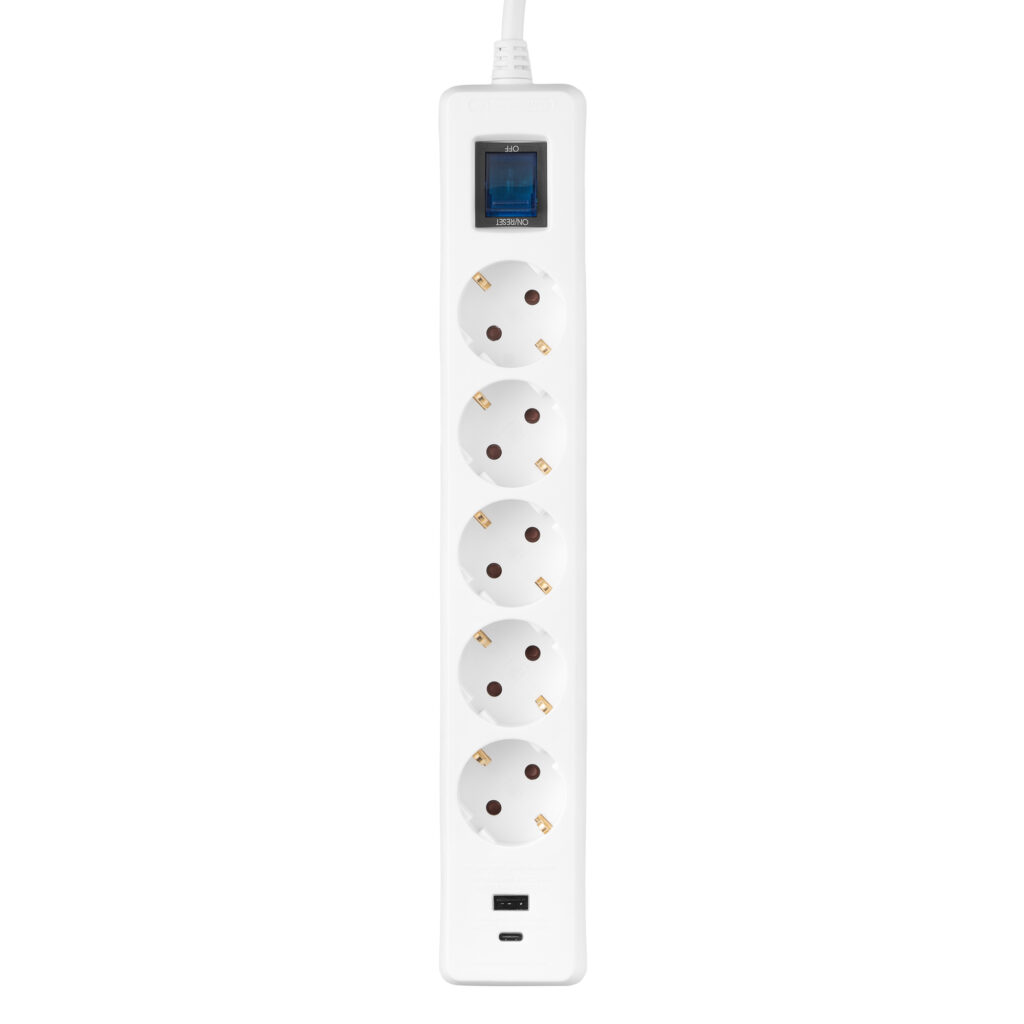 Подовжувач-фільтр мережевий 2E 5xТип F, 3×1.5мм кв, 16A, 1xUSB-A, 1xUSB-C, із захистом від перевантаження, 3м, білий, 3м, білий