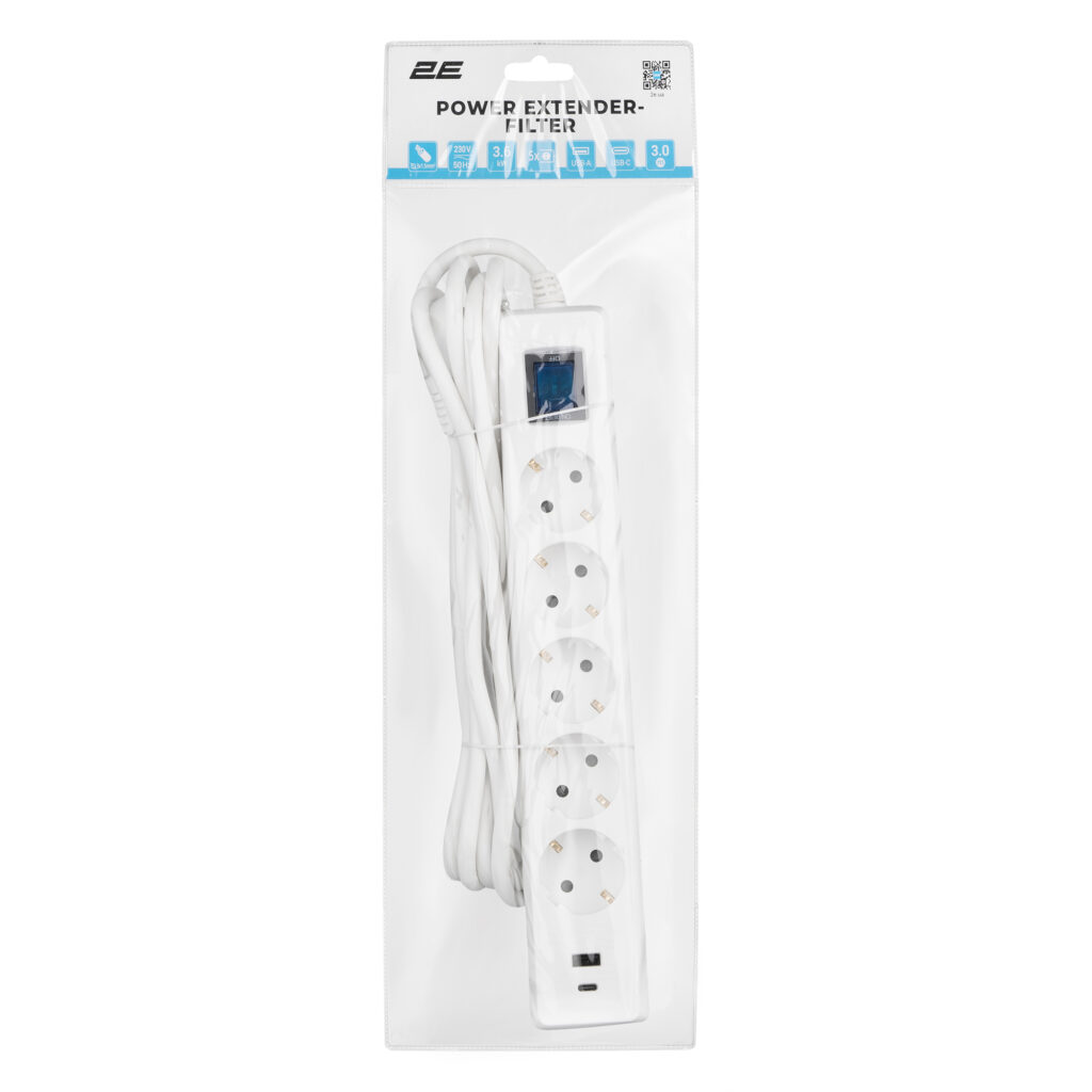 Подовжувач-фільтр мережевий 2E 5xТип F, 3×1.5мм кв, 16A, 1xUSB-A, 1xUSB-C, із захистом від перевантаження, 3м, білий, 3м, білий