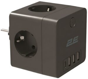 Адаптер мережевий 2E 3xТипF, 16A, 2xUSB-A, 1x USB-C фільтр, чорний